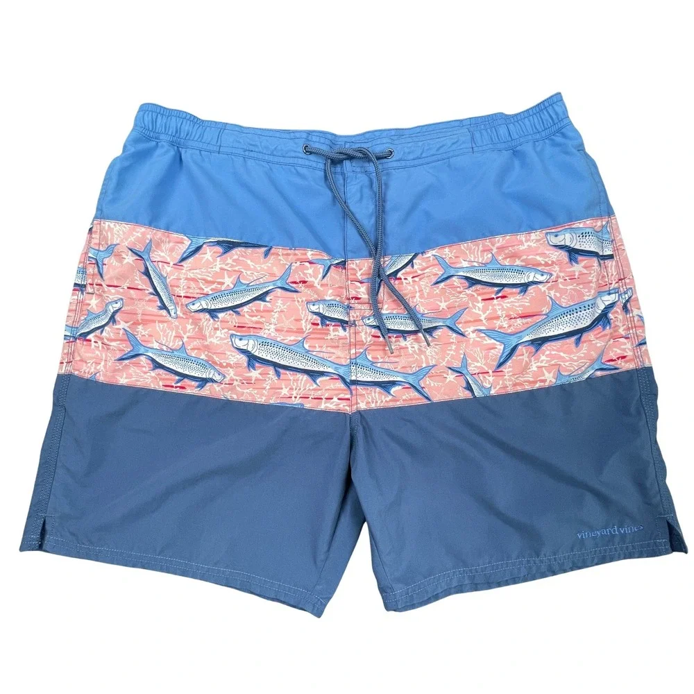 Vineyard Vines Mens Chappy Tarpon Fish Swim Trunks XL Blue Pink Lined‎ Shorts